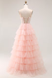 Sparkly Blush Tulle Ruffled Floral A-Line Long Prom Dress with Sequins Sparkly Blush Tulle Ruffled Floral A-Line Long Prom Dress with Sequins