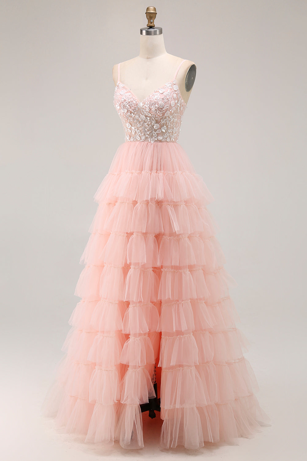 Sparkly Blush Tulle Ruffled Floral A-Line Long Prom Dress with Sequins Sparkly Blush Tulle Ruffled Floral A-Line Long Prom Dress with Sequins