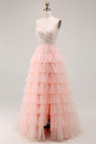 Sparkly Blush Tulle Ruffled Floral A-Line Long Prom Dress with Sequins Sparkly Blush Tulle Ruffled Floral A-Line Long Prom Dress with Sequins
