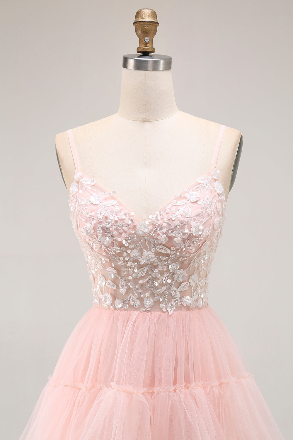 Sparkly Blush Tulle Ruffled Floral A-Line Long Prom Dress with Sequins Sparkly Blush Tulle Ruffled Floral A-Line Long Prom Dress with Sequins