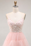 Sparkly Blush Tulle Ruffled Floral A-Line Long Prom Dress with Sequins Sparkly Blush Tulle Ruffled Floral A-Line Long Prom Dress with Sequins