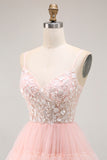 Sparkly Blush Tulle Ruffled Floral A-Line Long Prom Dress with Sequins Sparkly Blush Tulle Ruffled Floral A-Line Long Prom Dress with Sequins