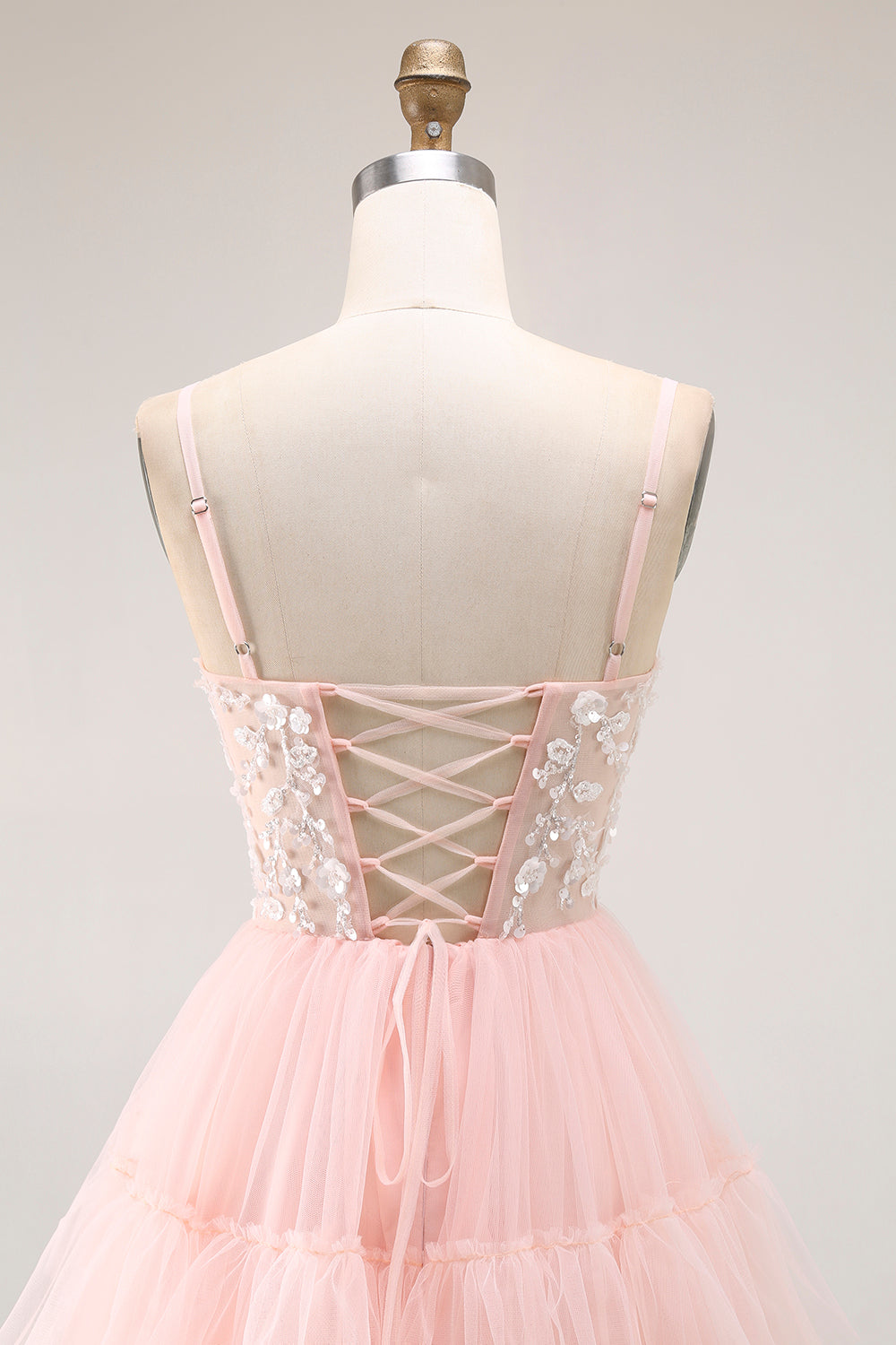 Sparkly Blush Tulle Ruffled Floral A-Line Long Prom Dress with Sequins Sparkly Blush Tulle Ruffled Floral A-Line Long Prom Dress with Sequins