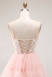 Sparkly Blush Tulle Ruffled Floral A-Line Long Prom Dress with Sequins Sparkly Blush Tulle Ruffled Floral A-Line Long Prom Dress with Sequins