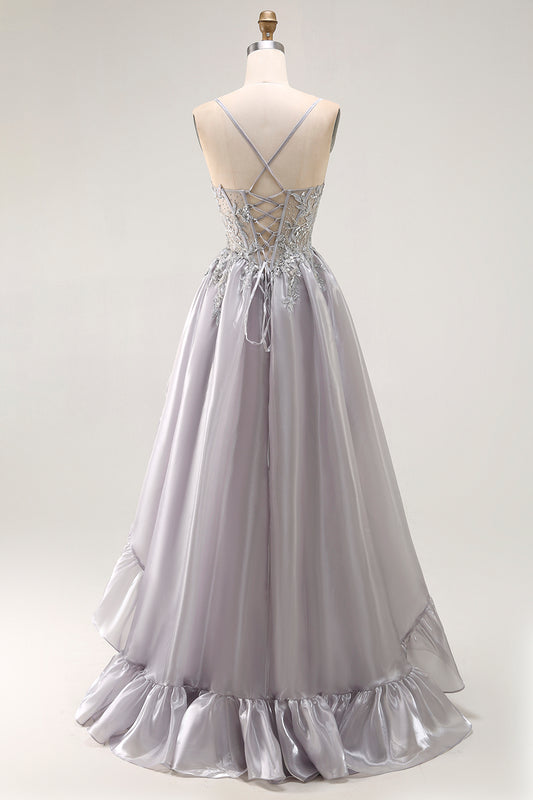 Sparkly Grey Corset Ruffled A Line Long Prom Dress with Beading