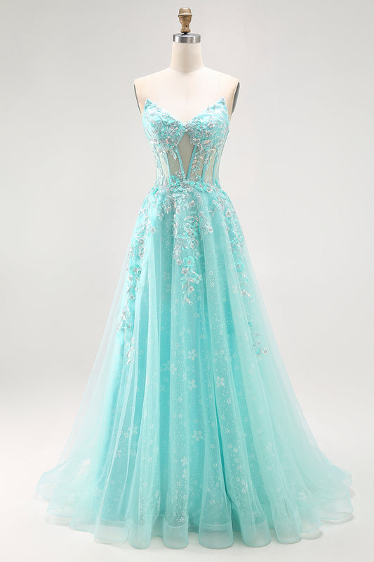 Sparkly Green Corset A Line Long Prom Dress with Lace