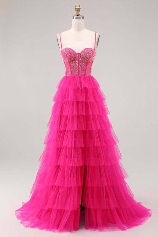 Sparkly Fuchsia Beaded Corset Tiered Long Prom Dress with Slit