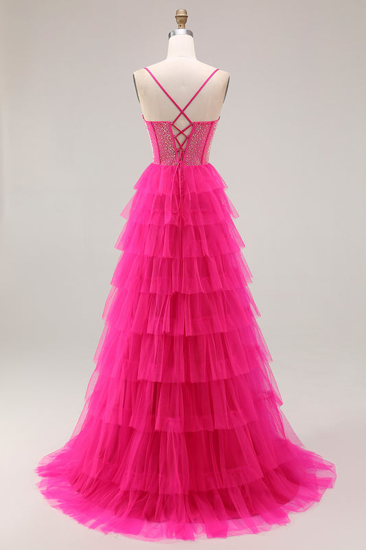 Sparkly Fuchsia Beaded Corset Tiered Long Prom Dress with Slit