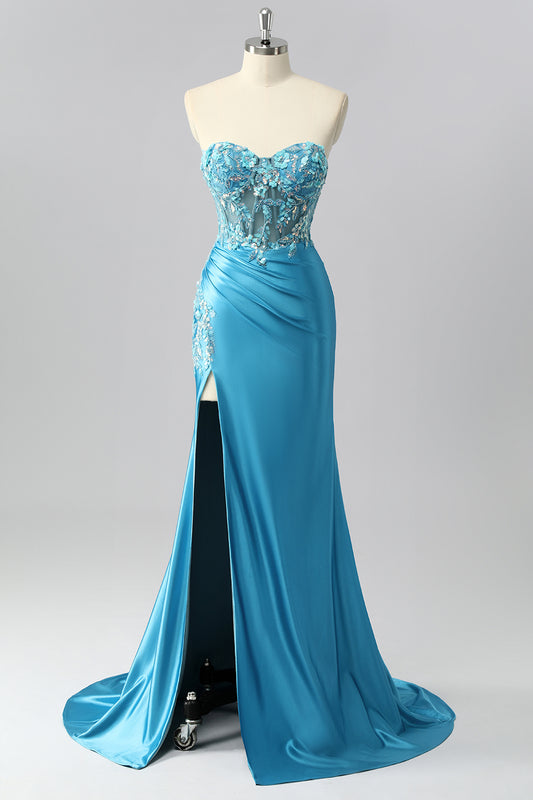 Sparkly Blue Sweetheart Satin Mermaid Long Corset Prom Dress with Sequins