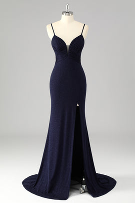 Glitter Navy Spaghetti Straps Mermaid Long Corset Prom Dress with Slit