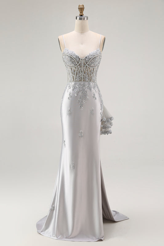 Sparkly Grey Mermaid Long Corset Prom Dress with Beading