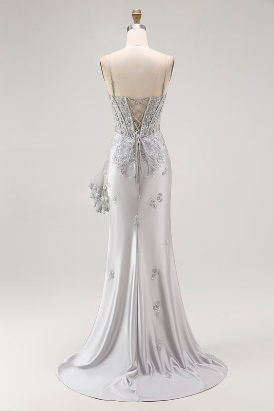 Sparkly Grey Mermaid Long Corset Prom Dress with Beading