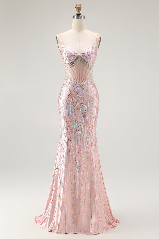 Sparkly Blush Corset Mermaid Beaded Long Prom Dress