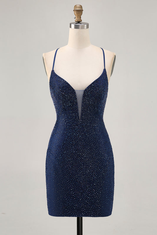 Sparkly Dark Blue Tight Short Homecoming Dress with Beading