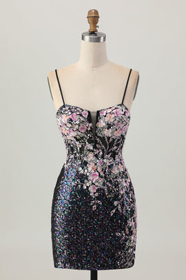 Sparkly Black Pink Sequin Short Homecoming Dress with Appliques