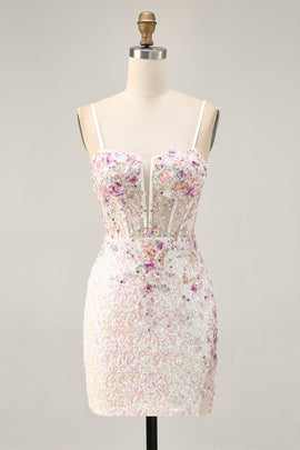 Sparkly White Floral Sequins Tight Short Corset Homecoming Dress