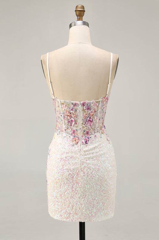 Sparkly White Floral Sequins Tight Short Corset Homecoming Dress