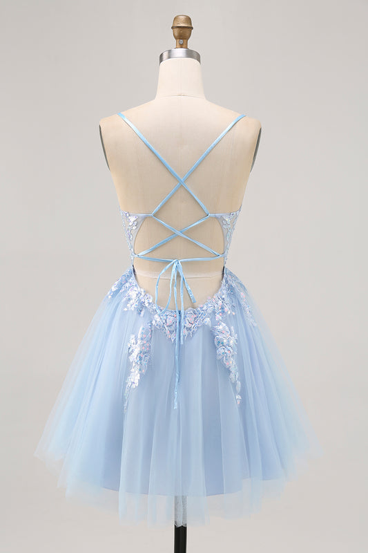 Sparkly Blue Tulle A Line Short Homecoming Dress with Appliques