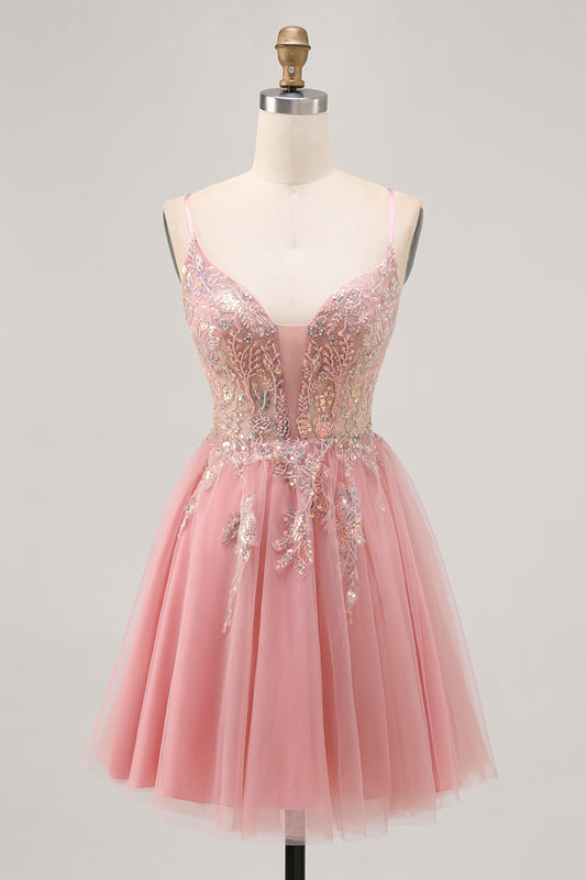 Sparkly Blush Beaded Tulle A Line Short Homecoming Dress