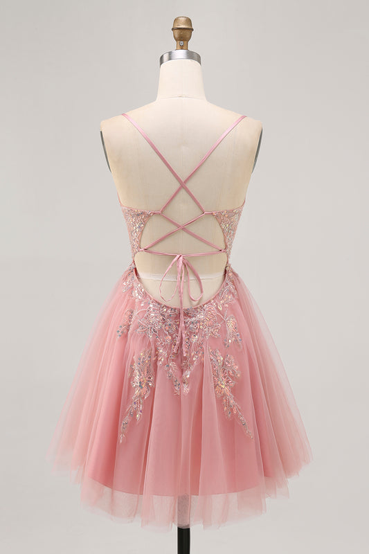 Sparkly Blush Beaded Tulle A Line Short Homecoming Dress