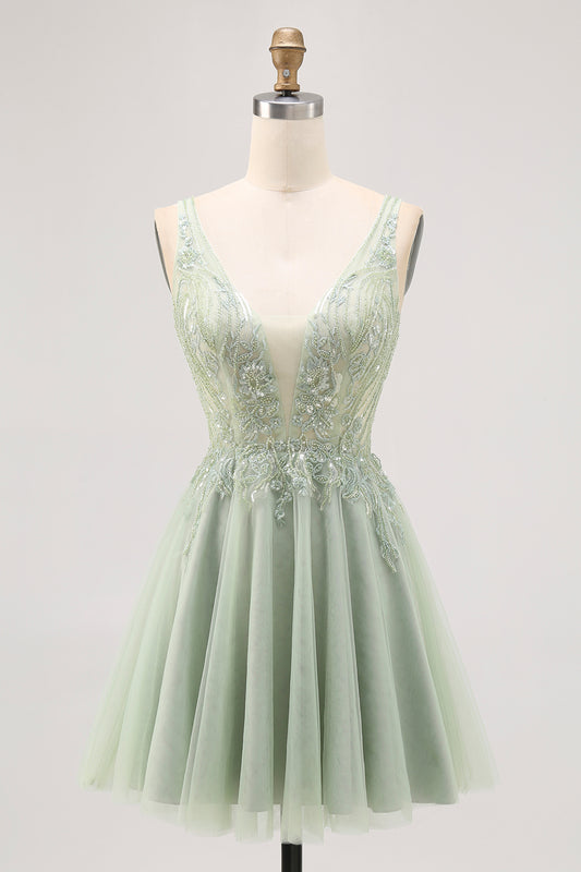 Sparkly Green Tulle V-Neck Beaded Short Homecoming Dress