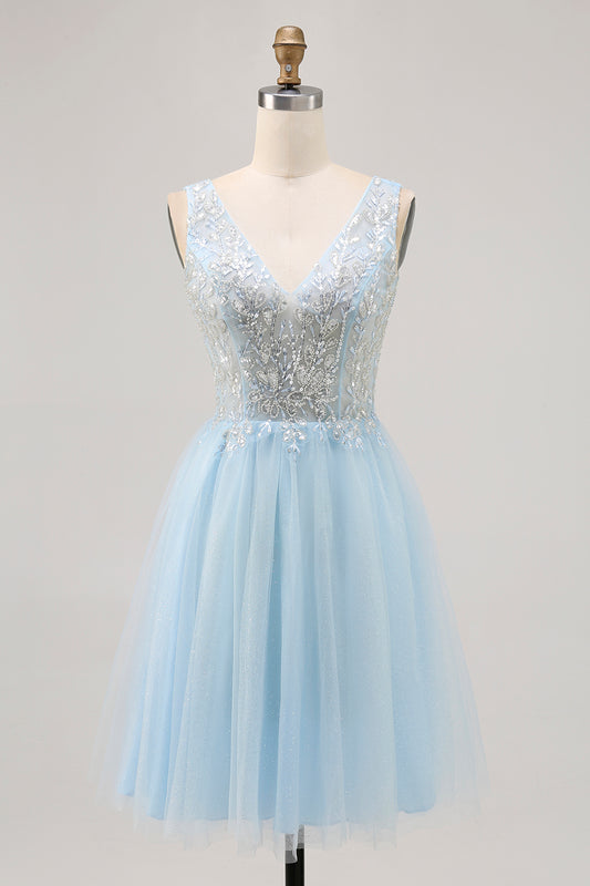 Sparkly Blue Beaded V-Neck Short Tulle Homecoming Dress
