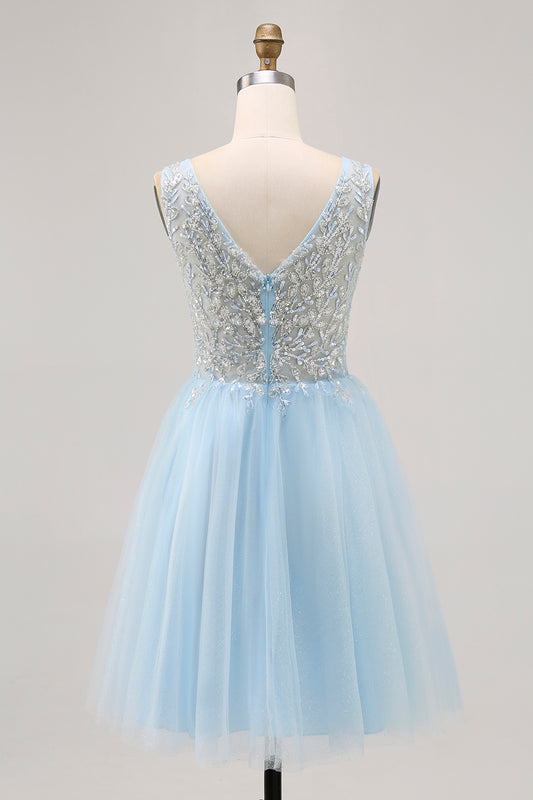 Sparkly Blue Beaded V-Neck Short Tulle Homecoming Dress