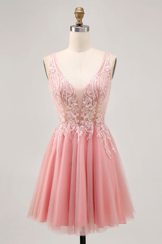 Sparkly Blush V-Neck Beaded Short Tulle Homecoming Dress