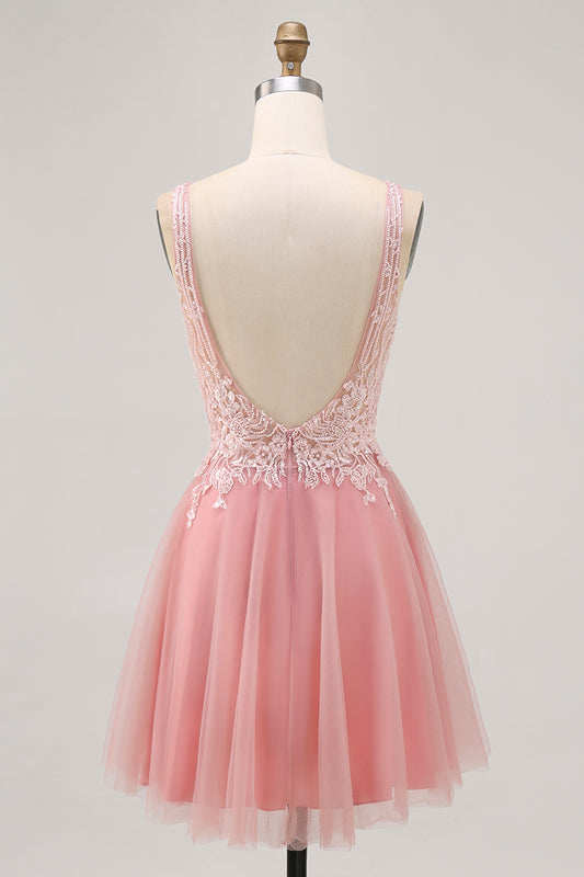 Sparkly Blush V-Neck Beaded Short Tulle Homecoming Dress