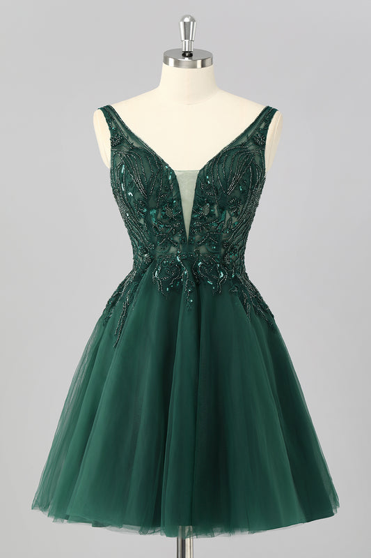 Sparkly Dark Green Short A Line Homecoming Dress with Beading