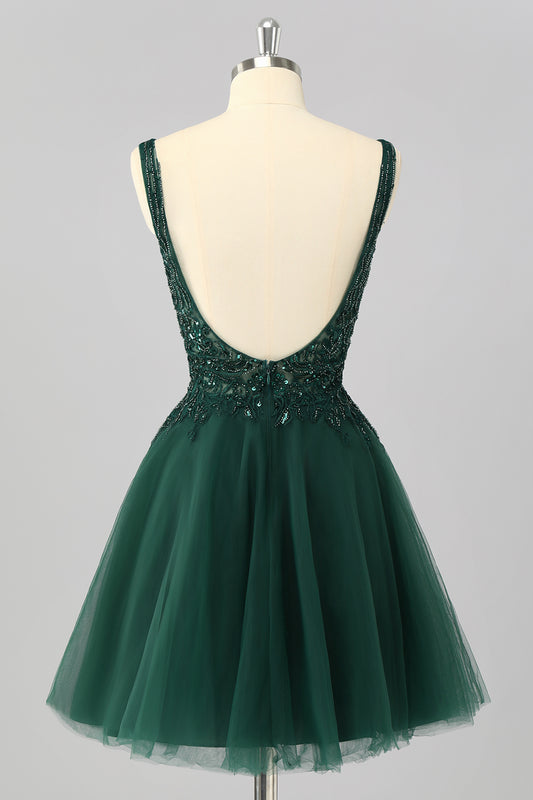 Sparkly Dark Green Short A Line Homecoming Dress with Beading