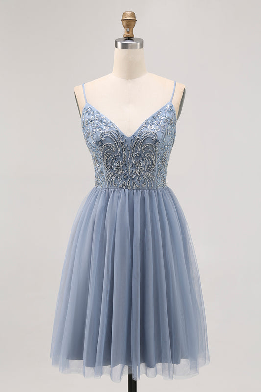 Sparkly Grey Blue Tulle A Line Short Homecoming Dress with Beading