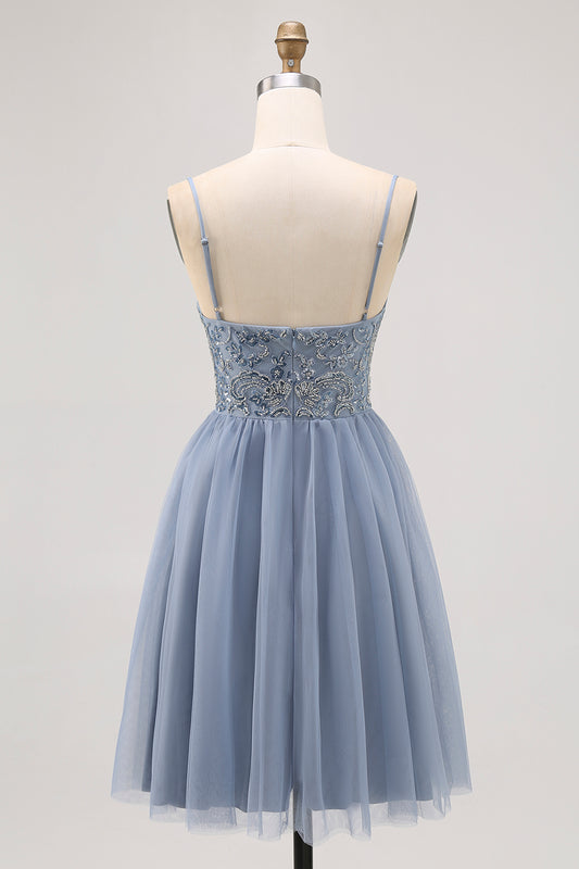 Sparkly Grey Blue Tulle A Line Short Homecoming Dress with Beading