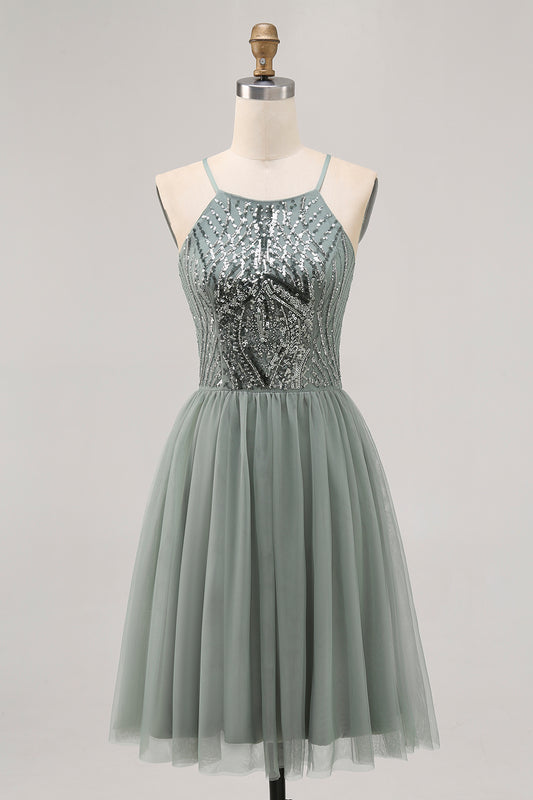 Sparkly Grey Green Tulle Halter Short Homecoming Dress with Beading