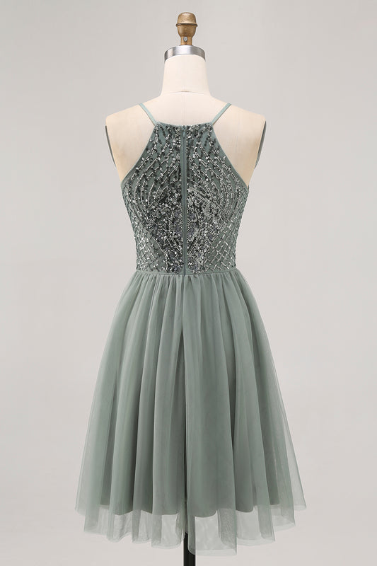 Sparkly Grey Green Tulle Halter Short Homecoming Dress with Beading