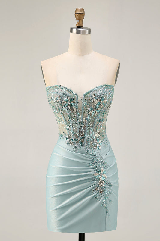 Sparkly Grey Green Corset Tight Short Homecoming Dress with Beading
