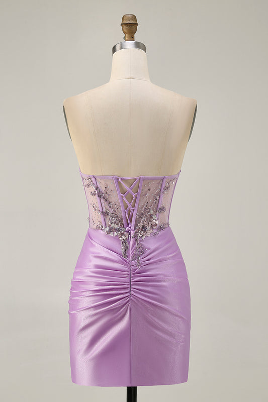 Sparkly Lilac Corset Tight Short Homecoming Dress with Beading