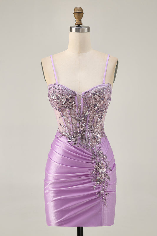 Sparkly Lilac Corset Tight Short Homecoming Dress with Beading