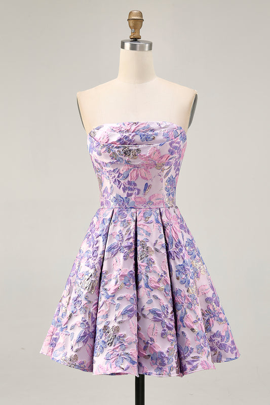Lilac Floral Strapless Ruched Short Homecoming Dress
