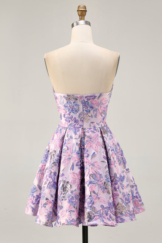 Lilac Floral Strapless Ruched Short Homecoming Dress