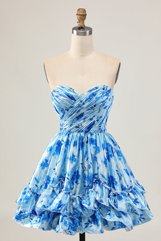 Blue Floral Sweetheart Short Homecoming Dress with Ruffles