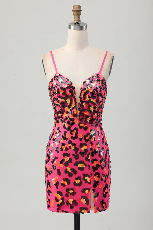 Sparkly Fuchsia Leopard Sequin Tight Short Homecoming Dress
