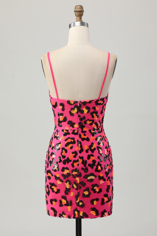 Sparkly Fuchsia Leopard Sequin Tight Short Homecoming Dress