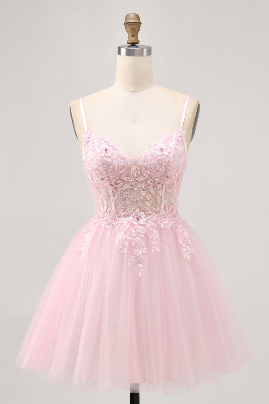 Sparkly Pink A Line Corset Short Homecoming Dress with Lace