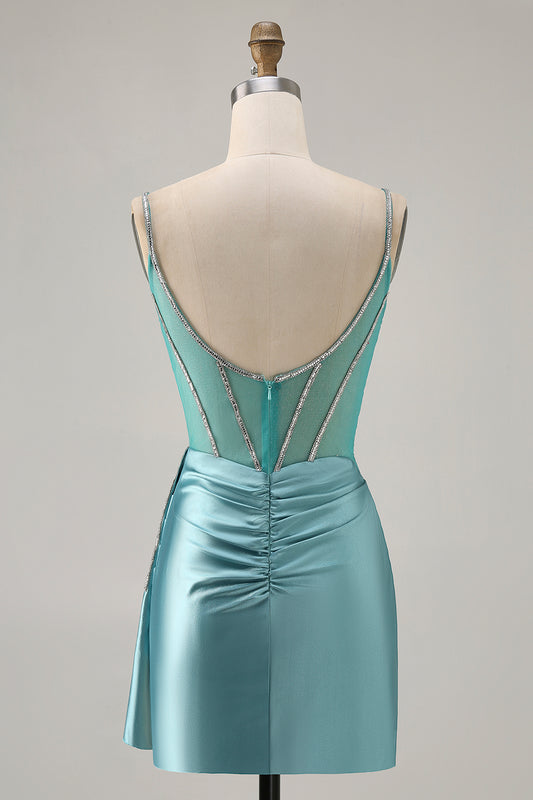 Sparkly Green Tight Satin Corset Short Homecoming Dress