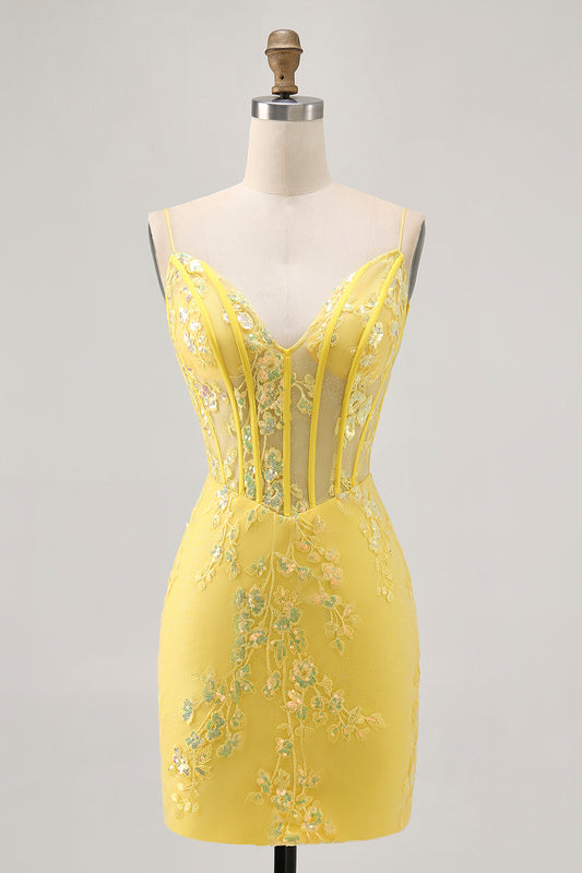 Sparkly Yellow Corset Floral Tight Short Homecoming Dress with Sequins