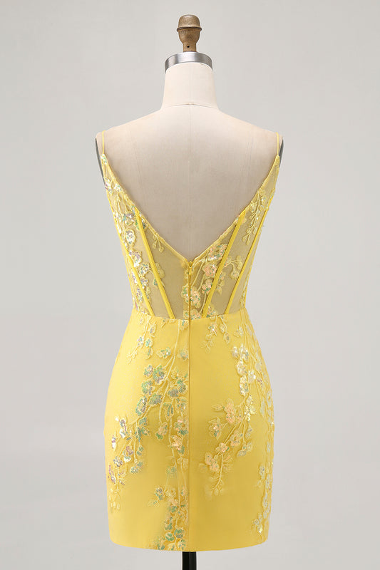 Sparkly Yellow Corset Floral Tight Short Homecoming Dress with Sequins