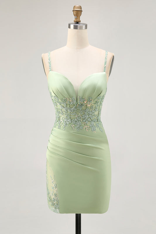 Sparkly Matcha Tight Short Corset Homecoming Dress with Lace