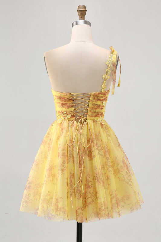 Sparkly Yellow Floral One Shoulder Short Homecoming Dress with Bow