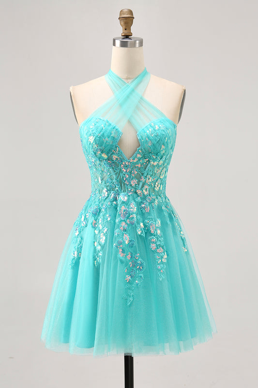 Sparkly Green Halter Short Corset Homecoming Dress with Appliques